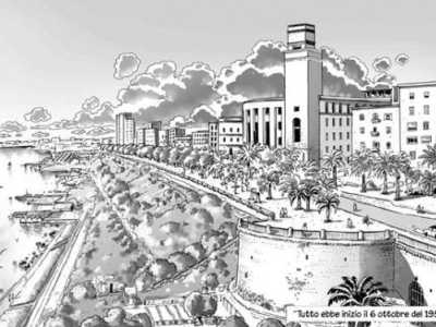 Un disegno della Taranto degli anni 50 senza il profilo dell'Ilva, tratta da Delitto d'autunno
